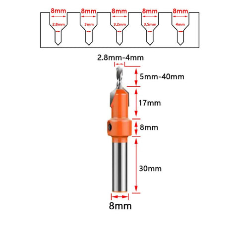 Badass 4x8mm Countersink Drill Bit For Woodworkers Quick Flush Hole Opener dimensions showing 4mm core and 8mm shank.