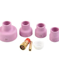 Cool Welder Upgrade Kit: 7Pc Stubby Gas Lens Ceramic Cup Set for WP-17/18/26 with four purple ceramic cups and collet.