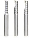 Five Pack CNC Spiral O Single Flute Aluminum Router Bits Set Up Cut One Quarter Inch Diameter Two Inch Long One Quarter Inch Shank Mirror Finish Made In USA Pro Grade displayed in a row.