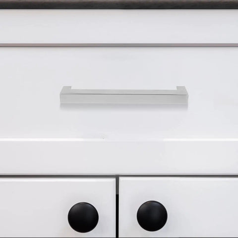 12 Pack Stainless Steel Cabinet Pull Handles For Doors And Drawers With Quick Install Ergonomic Grip Double Holes 128mm Hole Spacing Modern Sleek Silver Hardware For Kitchen Upgrade on white drawer