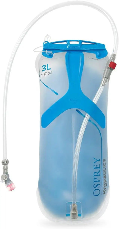 Image of a 3L Hydration Reservoir For Backpacks With Bite Valve, BPA Free Leakproof Hydration Bladder, QuickConnect And Slide Seal, Trail Ready For Hiking And Biking Packs, Gear Ready On The Go Hydration For Everyday Trail And Bike Rides, Clear, showing the full reservoir with a blue slide-seal and hose.