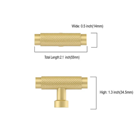 Premium 10 Pack Brushed Gold Knurled Cabinet Knobs, 2.1in x 1.3in, sturdy hardware upgrade for kitchen drawers.
