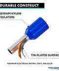 Close-up of UL Listed Wire Ferrules And Crimp Terminals, insulated copper and nylon construction, blue, single conductor.