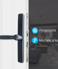 Tough As Nails Waterproof Aluminum Glass Door Lock With Fingerprint Smart Mortise System showing zinc alloy handle and mechanical key option.