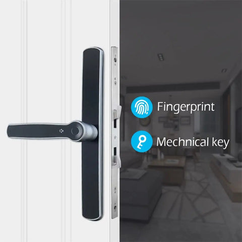 Tough As Nails Waterproof Aluminum Glass Door Lock With Fingerprint Smart Mortise System showing zinc alloy handle and mechanical key option.