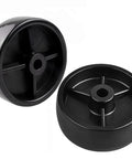 Close-up of black 3-inch patio heater caster wheels; pair