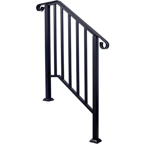 Rock Solid Three Step Outdoor Handrail Featuring Smooth Curved Wrought Iron Frame With Heavy Duty Rust Resistant Steel Railing for concrete steps.