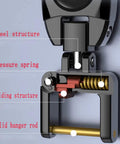 Labeled diagram of a mechanical device showing steel structure, pressure spring, sliding structure, and solid hanger rod components