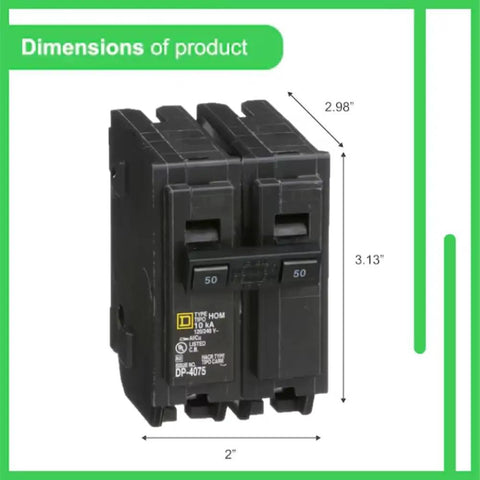 HOM250 50 Amp Double Pole Circuit Breaker Kit For Homeline Panels Genuine OEM Quality Perfect For Your Home Wiring Upgrades Easy Install Rock Solid Thermal Magnetic Protection, black breaker dimensions