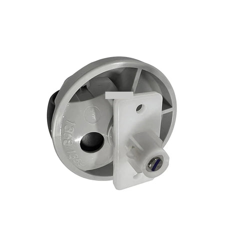 Front wheel caster for Roborock S7/S8, omni-directional, white plastic wheel housing with mounting bracket.