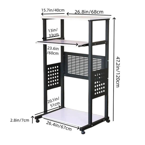Smooth Rolling 3 Tier Standing Desk With Pull Out Keyboard Tray And Heavy Duty Steel Frame Built Tough, dimensions displayed