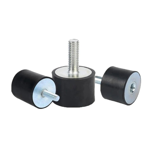 Heavy Duty Rubber Shock Absorber Studs With Pro Male To Female Threading For Solid Machinery and Elite Damping displaying a pack of four rubber mounts.
