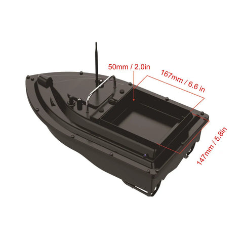 RC Bait Boat For Fishing With One Hand Remote, 2.4GHz Wireless Control, 300 Meter Range, top view dimensions highlighted
