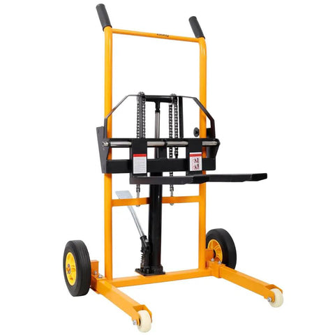 Straight Up Heavy Duty Manual Hydraulic Pallet Stacker With 440 Lb Load Capacity And 35.5 Inch Lift Height, steel build for warehouse tasks.