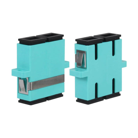 Close-up of two aqua blue Six Pack SC Female To SC Female OM3 Duplex Multimode Fiber Optic Couplers And Adapters, panel mount ready