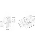 Technical drawings of Hidden Cross Door Hinges 2 Pack Zinc Alloy 180 Degree Invisible Folding Hinges 60mm Heavy Duty