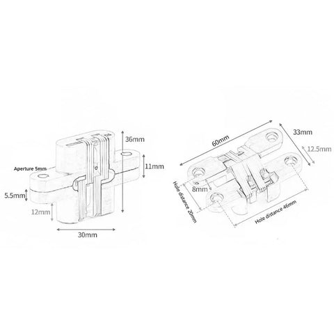 Technical drawings of Hidden Cross Door Hinges 2 Pack Zinc Alloy 180 Degree Invisible Folding Hinges 60mm Heavy Duty