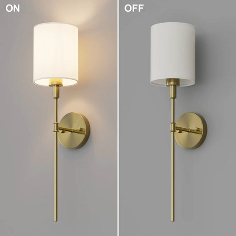 Brass Wall Sconce Set Of 2 With White Fabric Shades Sleek Modern Vanity Lights For Bathroom Bedroom Hallway Kitchen Anti Rust Gold Finish Wall Mount Fixtures Bulbs Not Included showing light on and off