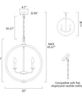 Dimensions of Orb 6 Light Farmhouse Chandelier in Brown Wood Finish for various ceiling heights and settings.