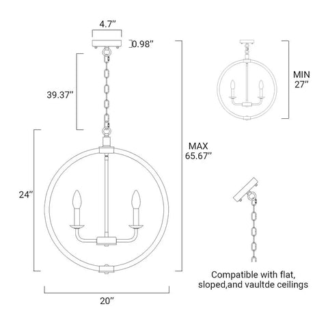 Dimensions of Orb 6 Light Farmhouse Chandelier in Brown Wood Finish for various ceiling heights and settings.
