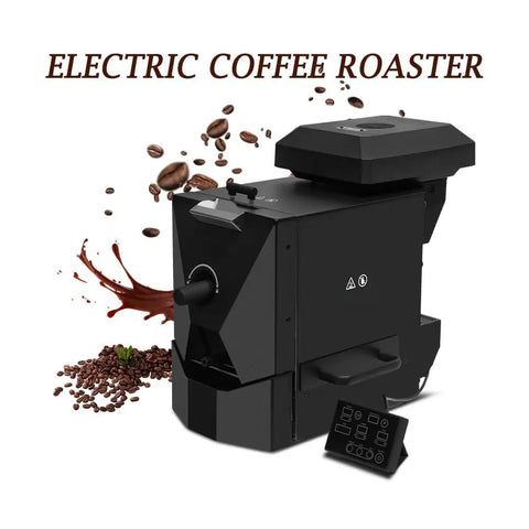 Kicking Up Your Daily Grind With This Heavy Duty Electric Coffee Bean Roaster, black design, with control panel, coffee beans around.