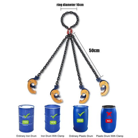 Heavy Duty Chain Drum Lifter With Rock Solid Grab Hooks For Forklifts And Self Locking 2 Ton Sling for 55 Gal barrels with clamps.