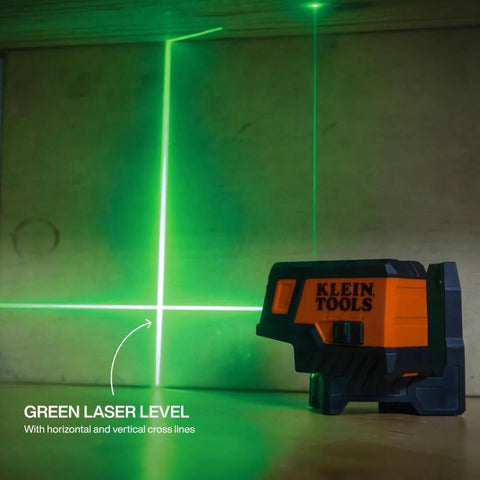 Compact Self Leveling Laser Level With Plumb Spot, Bright Green Cross Lines, 75 Foot Range on wooden surface