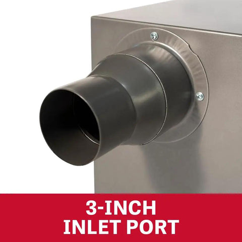 3-inch inlet port on Shop Ready Benchtop Metalworking Dust Collector with non-sparking aluminum housing and smooth airflow.