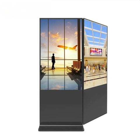 Slick 50 Inch Dual Sided Indoor Floor Standing Lcd Digital Signage Kiosk displaying airport scenes for retail use.