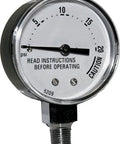 Close-up of silver must have replacement pressure cooker and canner gauge that fits most popular models, round dial with psi readings.