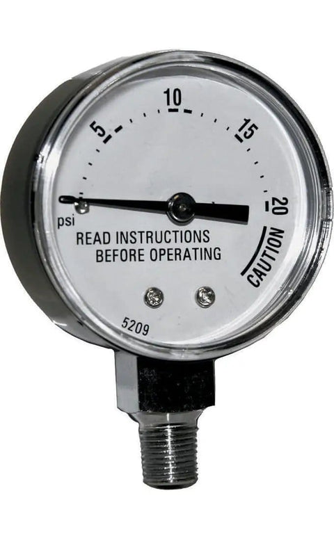 Close-up of silver must have replacement pressure cooker and canner gauge that fits most popular models, round dial with psi readings.