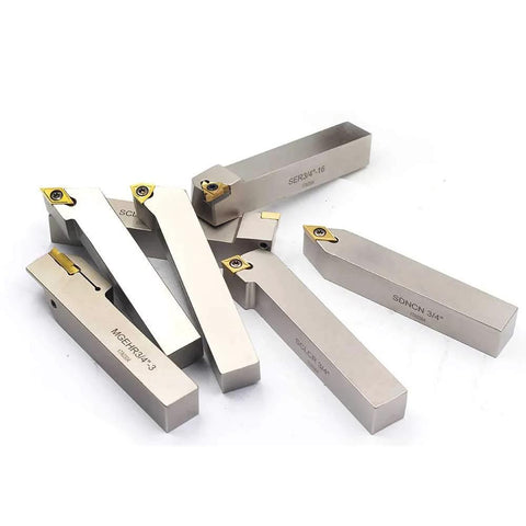 7-piece set of nickel-plated 3/4in shank indexable lathe turning tool holders with tin-coated carbide inserts