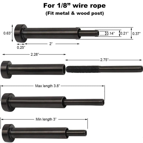 Black Invisible Cable Railing Kit With Hidden Turnbuckles For Wood And Metal Posts, detailed dimensions for wire rope use.