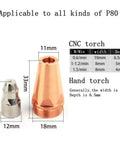 Five Piece P80 Carbon Arc Air Gouging Tips Nozzles For Plasma Cutting Torch Consumables Heavy Duty Replacement Rods High Heat Resistant Fit 40-100 Amp Machines next to measurement guide.