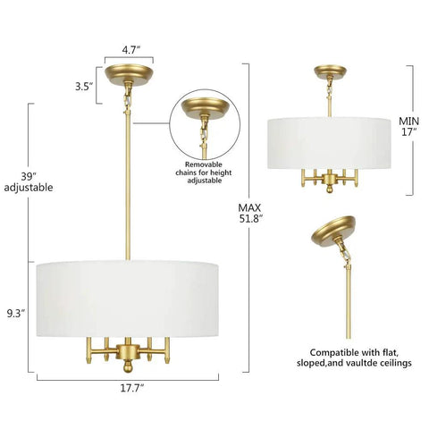 4 Light Modern Chandelier With White Linen Drum Shade In Antique Brass Finish dimensions and installation options