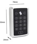 Front view of door access control keypad plug and play standalone RFID reader with password, silver, dimensions shown.