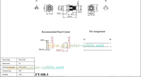 Technical diagram of A Code 3 Pin M8 Bulkhead Connector, 3 Pin Male To Female, IP67 Shielded Circular Panel Mount Socket Receptacle