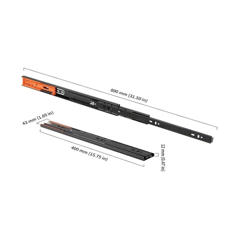 2 Piece Bottom Mounted Concealed Metal Drawer Slides Featuring Soft Close Buffer Action That Hides Away Underdrawers For Cabinets And Furniture Builds Promising Rock Solid Durability And Silky Smooth Gliding Performance, measuring 800 mm.