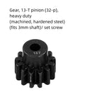 Close-up of a Beefed-Up 2 Pack 13-Tooth Hardened Steel Pinion Gear 32 Pitch 3mm Shaft, heavy-duty CNC machined for RC trucks.