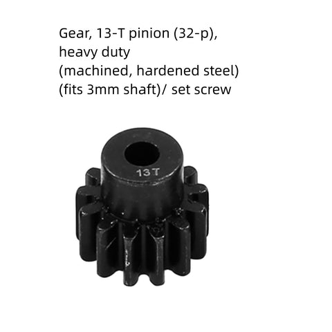 Close-up of a Beefed-Up 2 Pack 13-Tooth Hardened Steel Pinion Gear 32 Pitch 3mm Shaft, heavy-duty CNC machined for RC trucks.