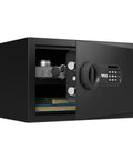 Deluxe Safe And Lock Box With Digital Keypad for Home Office Hotel And Business Use shown open with camera inside.