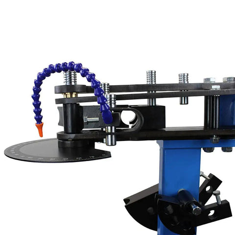 Tough As Nails 10 Ton Electric Hydraulic Pipe Tube Bender with precision dial and blue coolant tube for accurate bending.