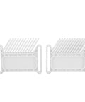 Two adjustable featherboards in white, durable plastic for added safety in woodworking shops, ideal for router tables and saws.