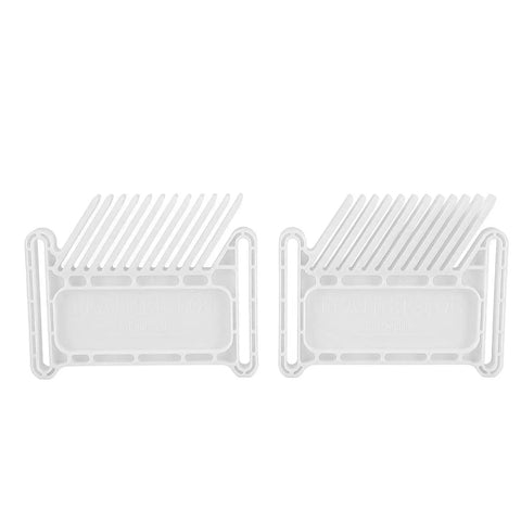 Two adjustable featherboards in white, durable plastic for added safety in woodworking shops, ideal for router tables and saws.