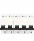 Heavy Duty Mini Circuit Breaker Featuring GFCI Ground Fault Protection, multi pole design in white with green indicators.