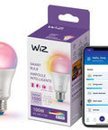 100W Equivalent A19 Smart LED Color Bulb That Connects To Your Wi Fi Home Network E26 Socket No Hub Needed Control With Voice Or App Motion Activated And Matter Compatible. WiZ bulb box and app