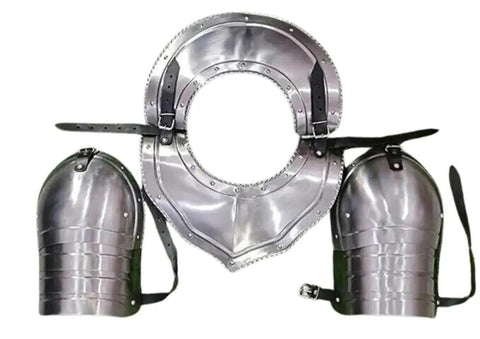 Medieval Iron Gorget Spaulders Shoulder Armor Set Battle Ready, Viking Crusader Pauldrons Armor, 18 Gauge Steel, front view
