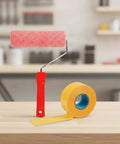 Slick Wall Texture Roller For Interior Painting With Adhesive Masking Paper Heavy Duty Build For Smooth Eggshell Finish, red handle, texture roller and masking tape.