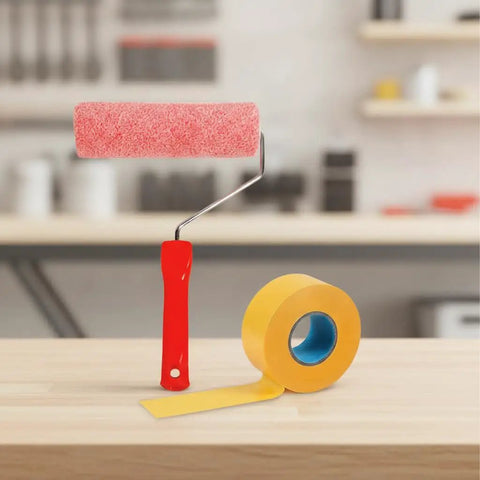 Heavy Duty Texture Roller For Creating Stunning Eggshell Wall Patterns With Ease Durable Metal Bracket Design on a table with yellow masking tape.