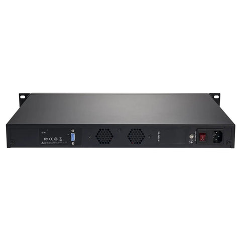 Next Level Firewall Mini Workstation With I7 Chipset And Dual 10G Fiber Ports Plus Six 2.5GbE Lan Cards For Unmatched Throughput And Badass Rack Mount Security Rig Barebones Routeros Ready For Your Setup rear view with power port and ventilation